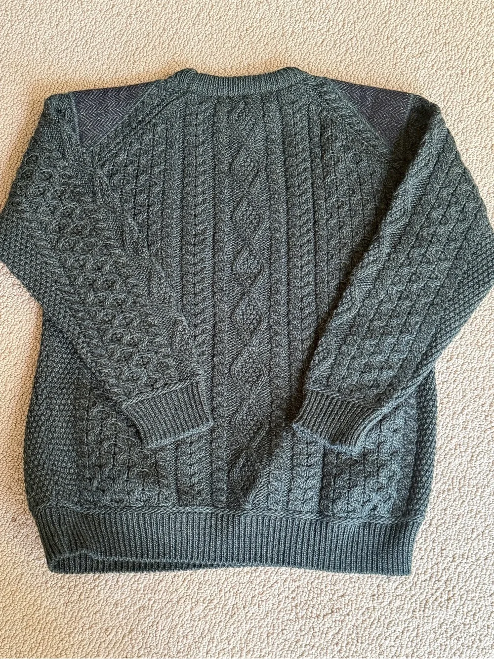Irish Wool Aran Cable Tweed Patch Fisherman Sweater Army Olive Green L Rugged